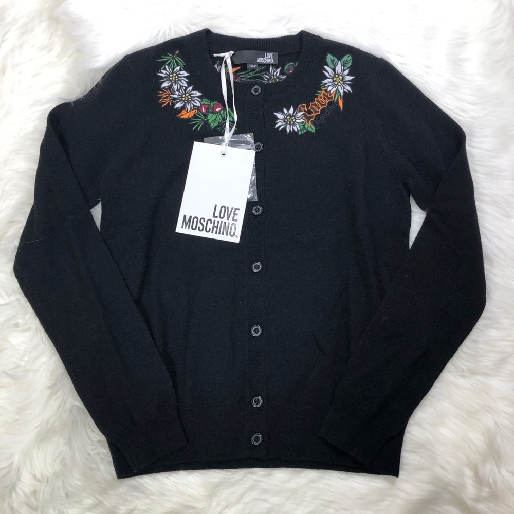 NWT $498 Love Moschino Embroidered Floral Wool Cardigan